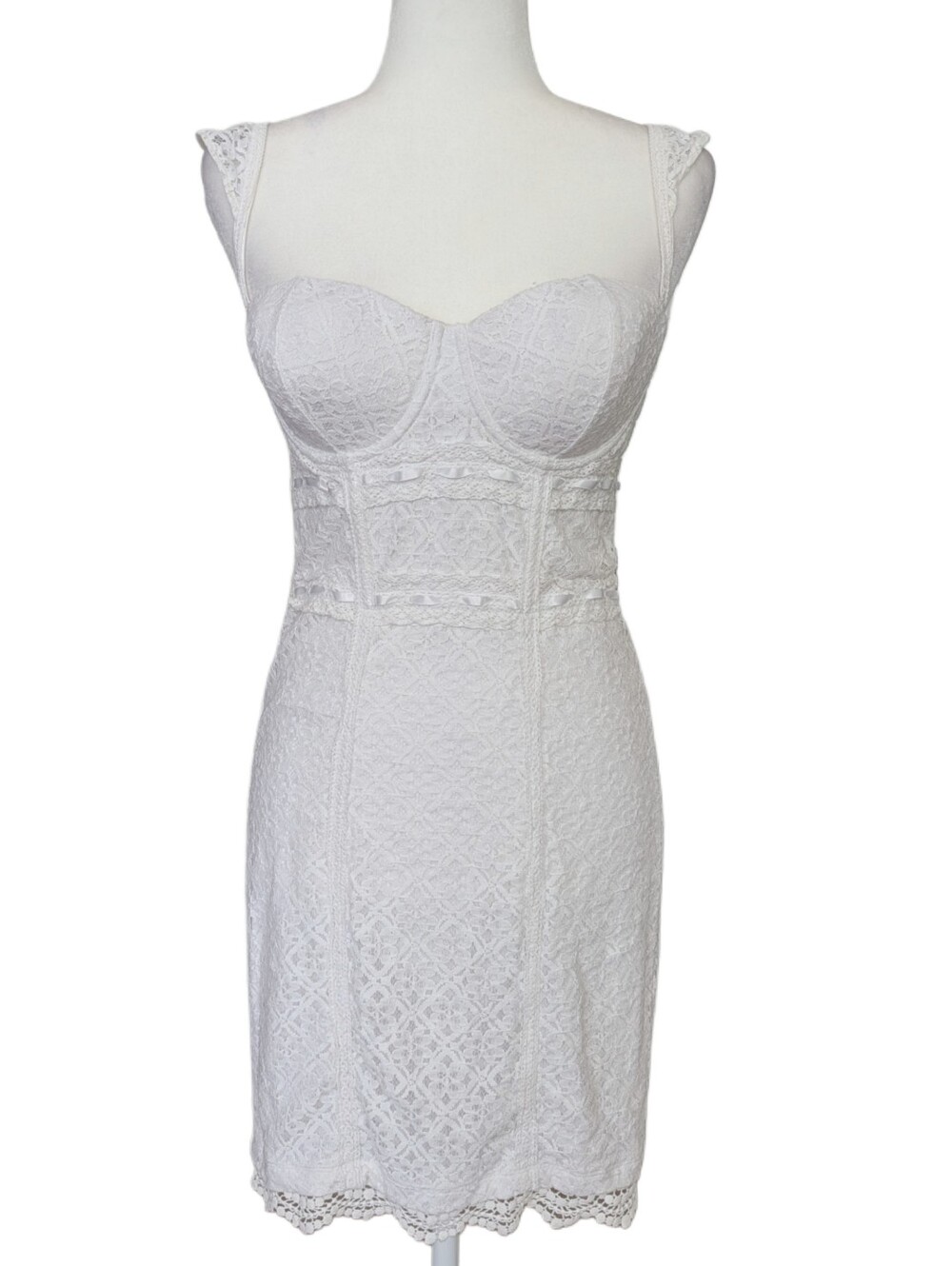 Guess Womens White Y2k Lace Bustier Chemise Bodycon Babydoll Mini Dress Size 8